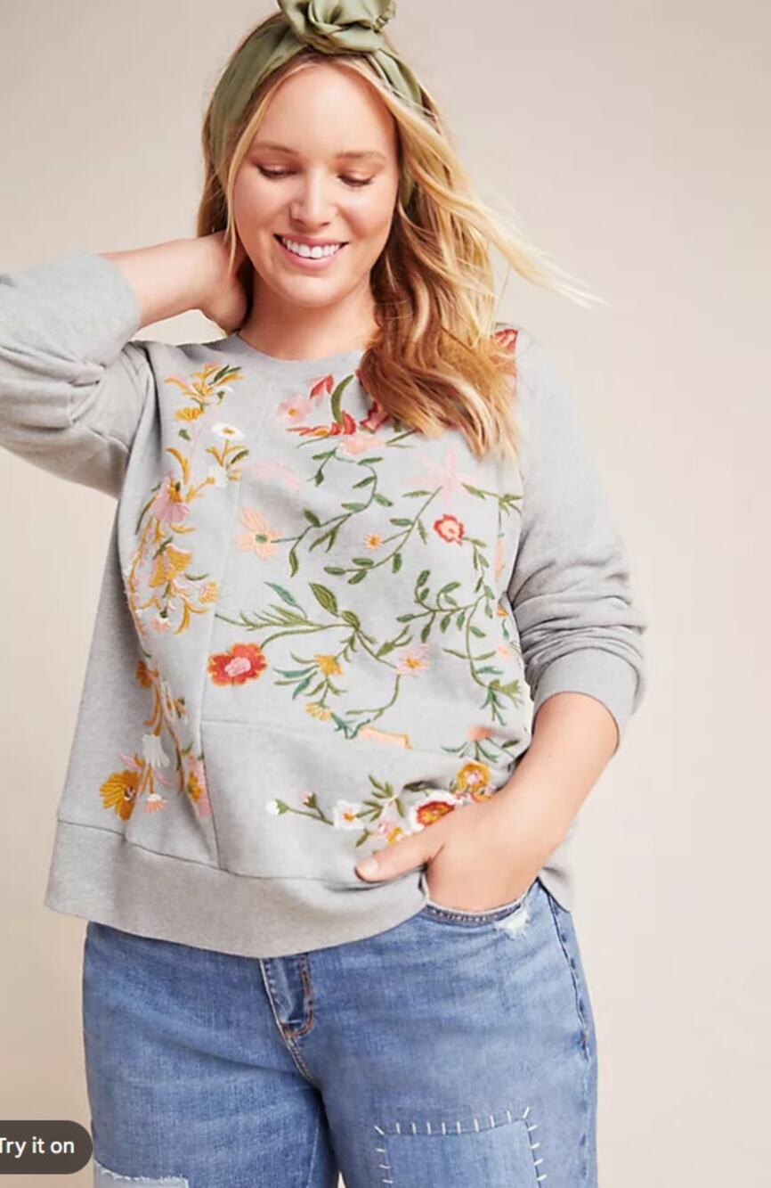 Maeve Anthropologie Marcie Embroidered Sweatshirt size 2X Floral Patchwork